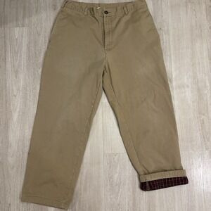 VTG LL Bean Flannel Lined Chino Pants Mens 34x27 Khaki Pleated Red Plaid USA 90s